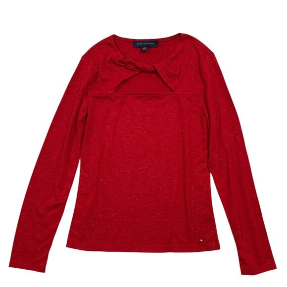 Tommy Hilfiger Red Lurex Twist Neck Top Women’s XS Long Sleeve Cutout NWT - Picture 3 of 10